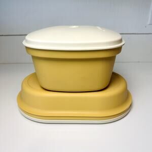 Vintage Tupperware Harvest Gold Microwave Square Steamer & Hot & Cold Keeper 5Pc
